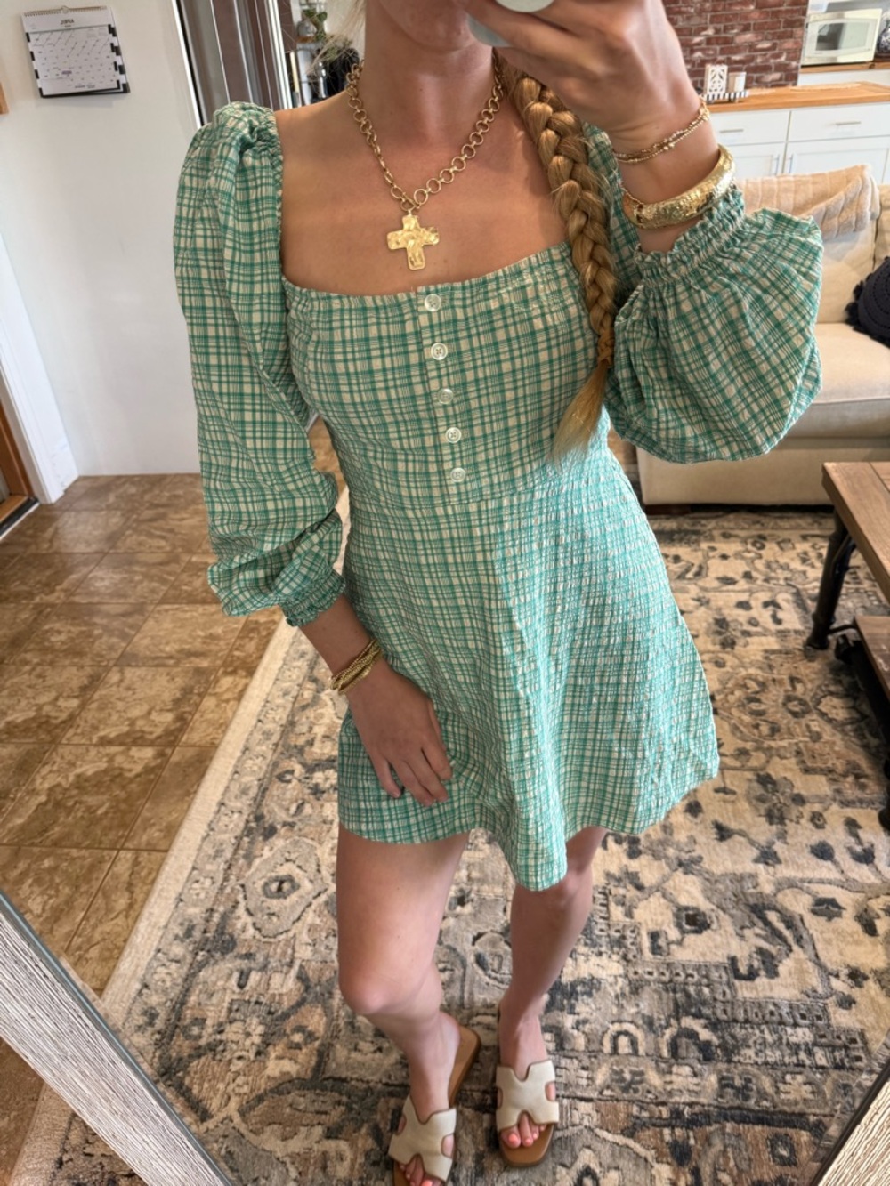 Urban Outfitters Mint Green Plaid Square-Neck Mini Dress